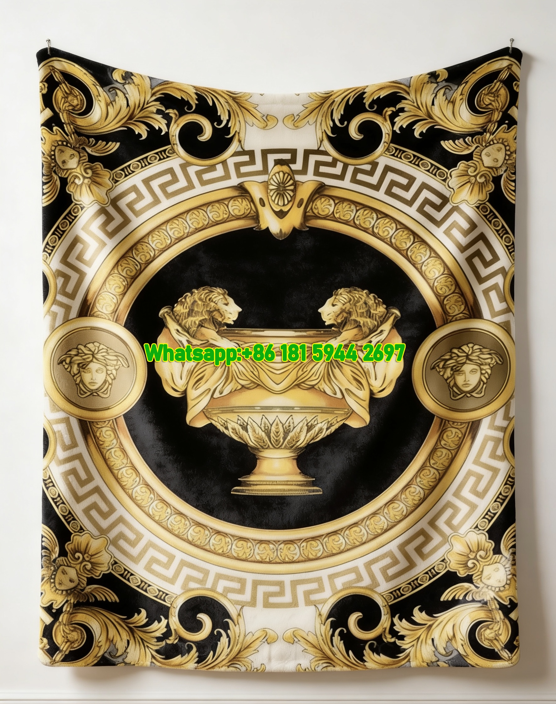Versace Black and Gold Baroque Lion Medusa Print Flannel Sofa Throw Blanket IMG_1764